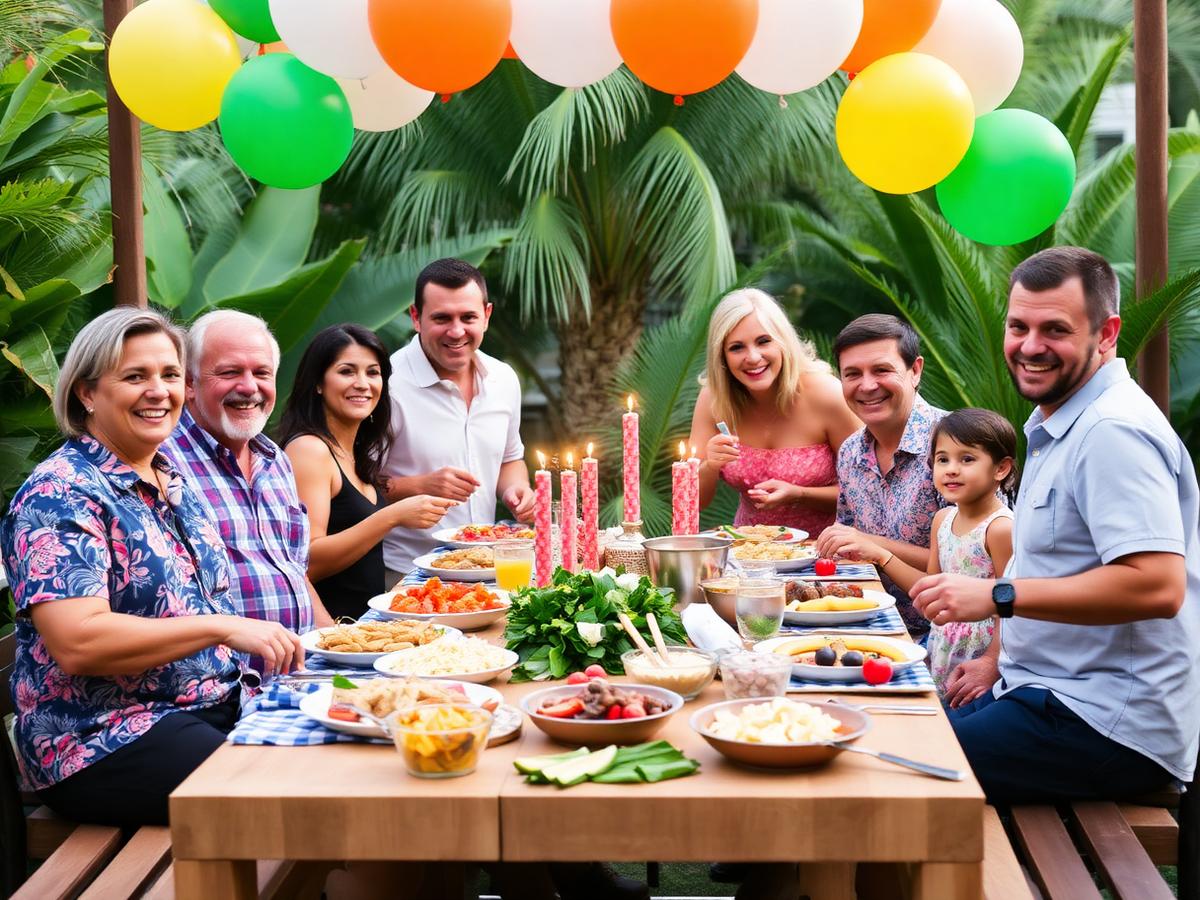 Family birthday gathering around a catered table