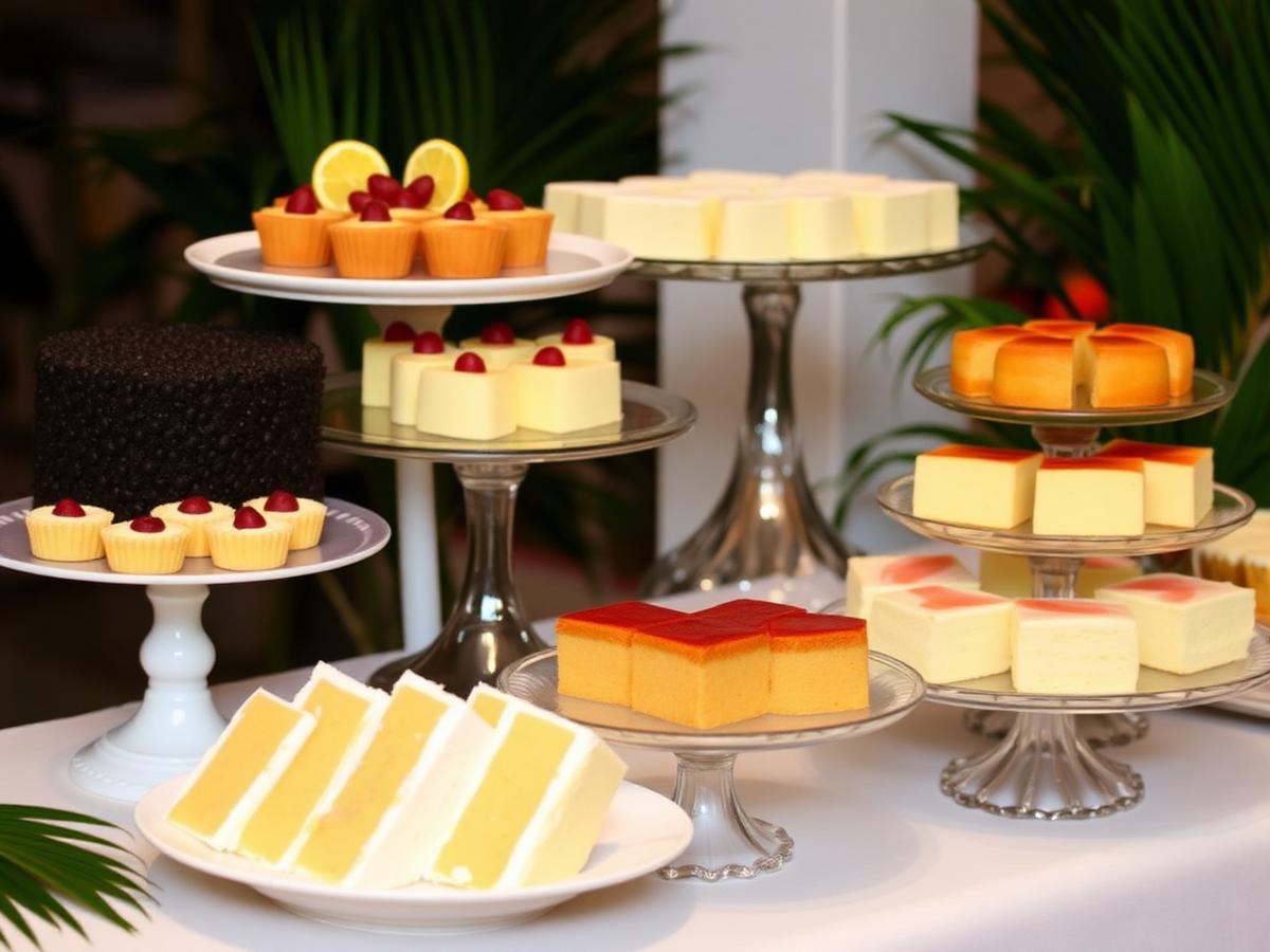 Dessert table with black cake, pine tarts and custard blocks