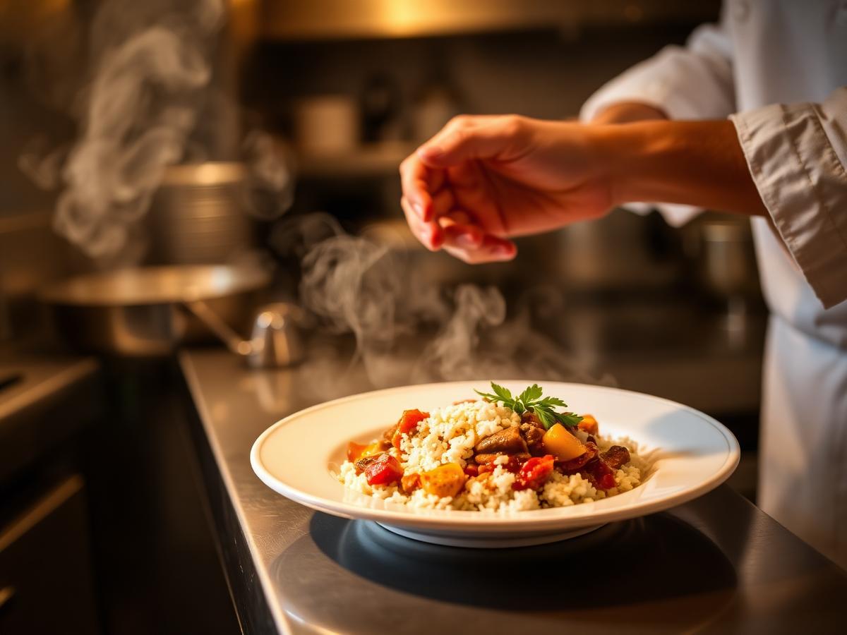 Chef plating curry and rice in the kitchen
